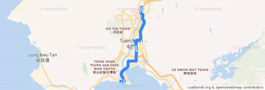 Mapa del recorrido 輕鐵614P綫 Light Rail 614P (兆康 Siu Hong → 屯門碼頭 Tuen Mun Ferry Pier) de la línea  en 屯門區 Tuen Mun District.