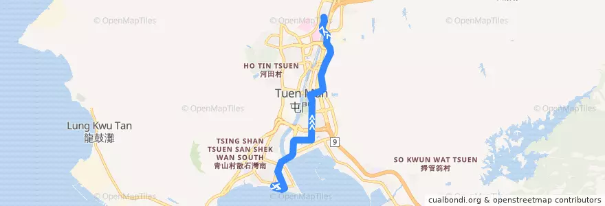 Mapa del recorrido 輕鐵614P綫 Light Rail 614P (屯門碼頭 Tuen Mun Ferry Pier → 兆康 Siu Hong) de la línea  en 屯門區 Tuen Mun District.