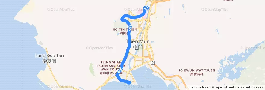 Mapa del recorrido 輕鐵615P綫 Light Rail 615P (兆康 Siu Hong → 屯門碼頭 Tuen Mun Ferry Pier) de la línea  en 屯門區 Tuen Mun District.