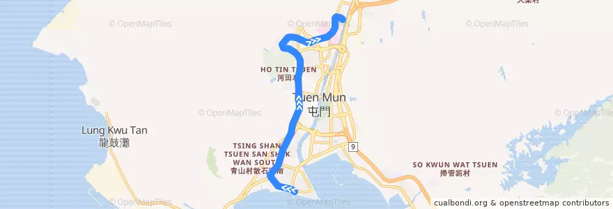 Mapa del recorrido 輕鐵615P綫 Light Rail 615P (屯門碼頭 Tuen Mun Ferry Pier → 兆康 Siu Hong) de la línea  en 屯門區 Tuen Mun District.