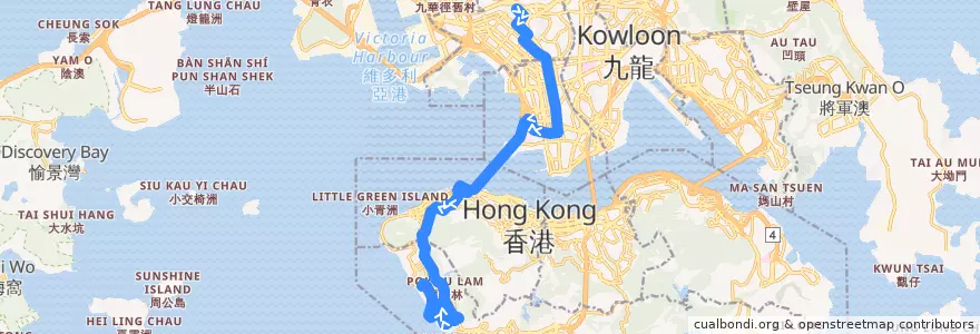 Mapa del recorrido 過海隧巴970線 Cross-harbour Bus 970 (蘇屋 So Uk → 數碼港 Cyberport) de la línea  en 新界.