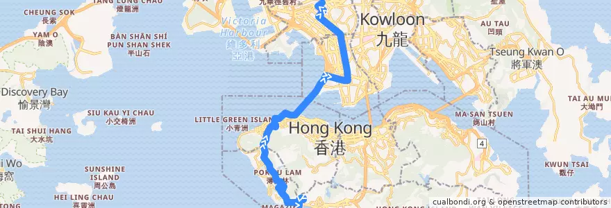 Mapa del recorrido 過海隧巴970X線 Cross-harbour Bus 970X (田灣 Tin Wan → 蘇屋 So Uk) de la línea  en Nuevos Territorios.