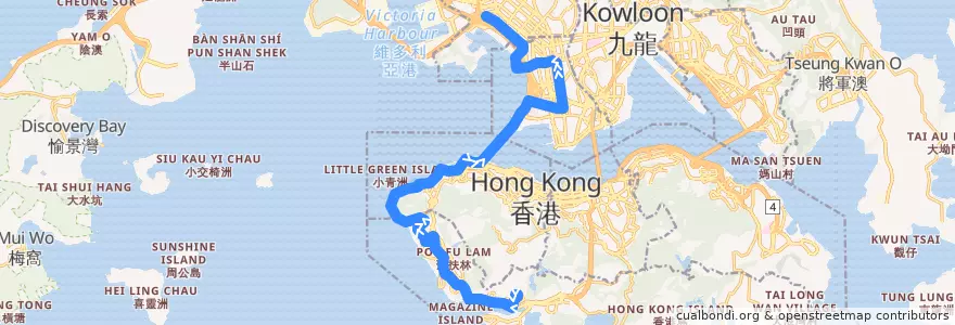Mapa del recorrido 過海隧巴971線 Cross-harbour Bus 971 (石排灣 Shek Pai Wan → 海麗邨 Hoi Lai Estate) de la línea  en Nouveaux Territoires.