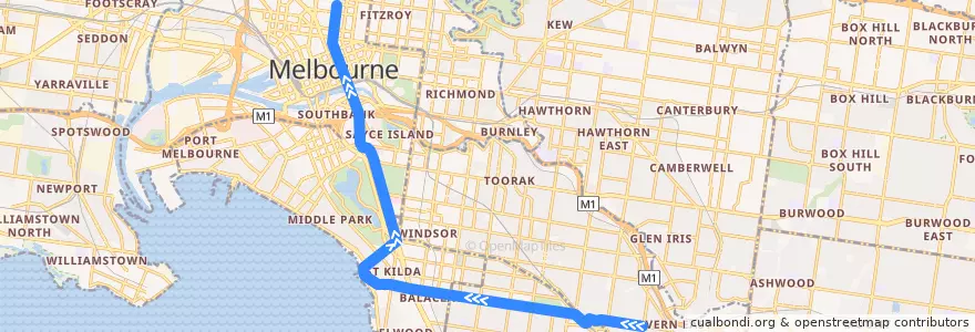 Mapa del recorrido Tram 3a: East Malvern => Melbourne University de la línea  en ولاية فيكتوريا.