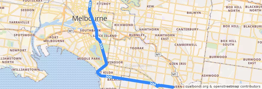 Mapa del recorrido Tram 3a: Melbourne University => East Malvern de la línea  en Victoria.