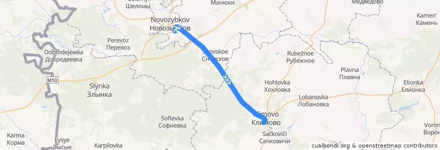 Mapa del recorrido Новозыбков-Климово de la línea  en Oblast de Briansk.