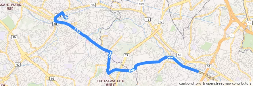 Mapa del recorrido 浜16 鶴ヶ峰駅→和田町駅 de la línea  en Йокогама.
