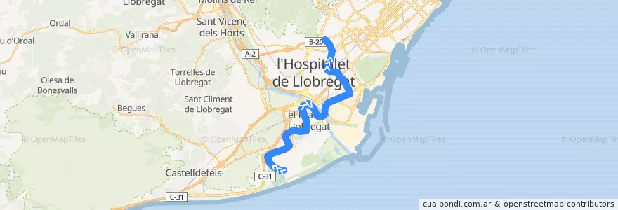 Mapa del recorrido L9 Sud: Aeroport T1 => Zona Universitària de la línea  en Barcelona.