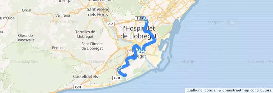 Mapa del recorrido L9 Sud: Zona Universitària => Aeroport T1 de la línea  en Barcelona.