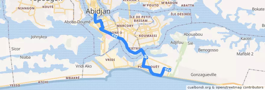 Mapa del recorrido Bus 06: Terminus Aéroport → Gare Sud Plateau de la línea  en Abidjan.