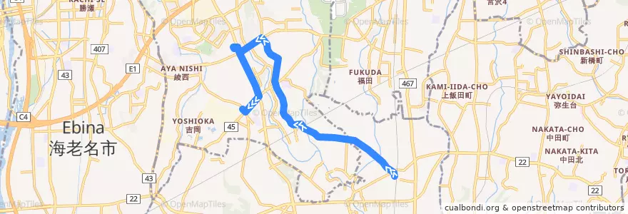 Mapa del recorrido 長38 綾瀬市役所経由 綾瀬車庫行 de la línea  en Prefectura de Kanagawa.