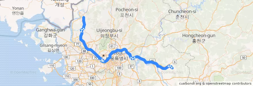 Mapa del recorrido 수도권 전철 경의·중앙선: 지평 → 문산 de la línea  en Corea del Sud.