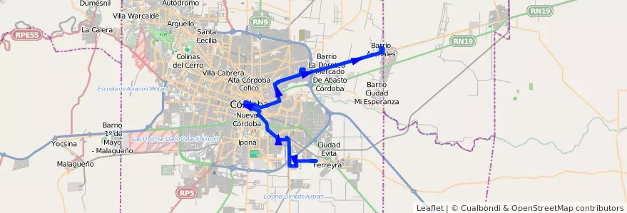 Mapa del recorrido 6 de la línea C (Amarillo) en Municipio de Córdoba.