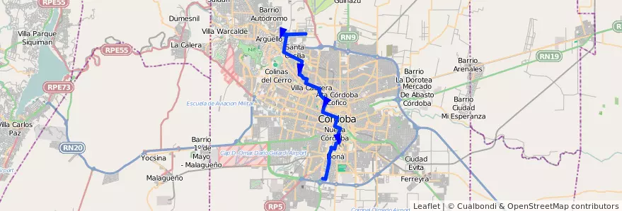 Mapa del recorrido 6 de la línea A (Azul) en Municipio de Córdoba.