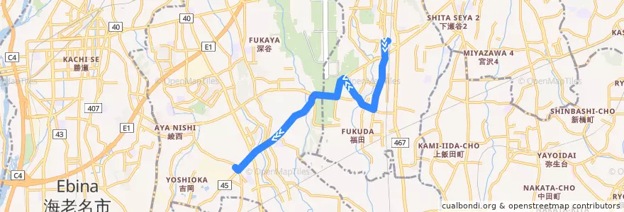 Mapa del recorrido 丘01 福田・大法寺 綾瀬車庫 de la línea  en 가나가와현.