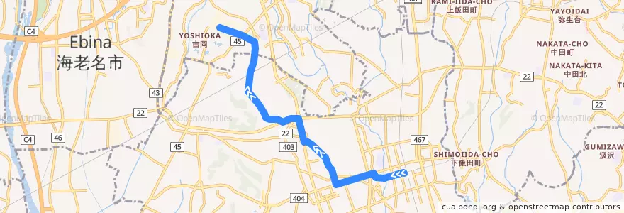 Mapa del recorrido 湘22 吉岡工業団地行 葛原・菖蒲沢団地経由 de la línea  en Préfecture de Kanagawa.