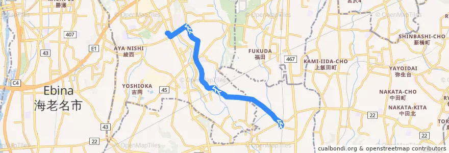 Mapa del recorrido 長22 長後駅西口行 大法寺・落合 de la línea  en Prefectura de Kanagawa.