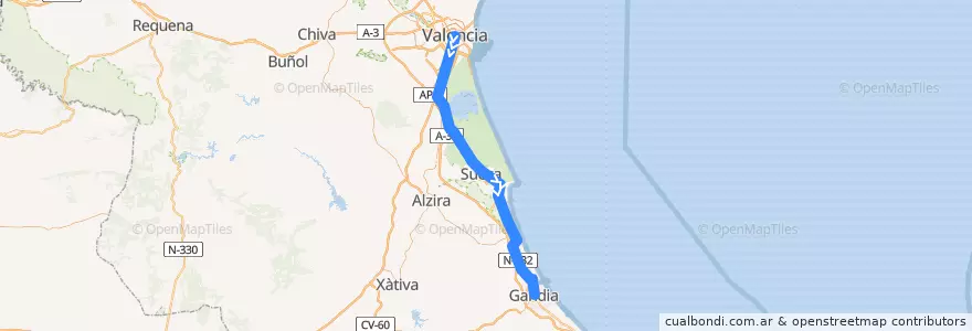 Mapa del recorrido C-1: València - Nord => Gandia de la línea  en Valencia.