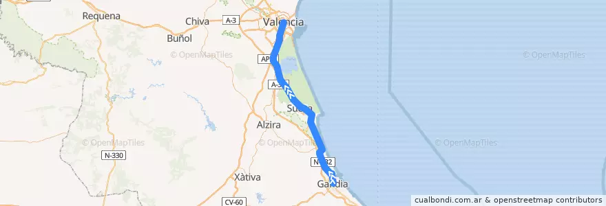 Mapa del recorrido C-1: Gandia => València - Nord de la línea  en Valencia.