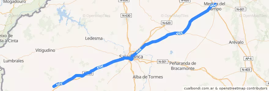 Mapa del recorrido Línea Medina del Campo-Vilar Formoso de la línea  en Salamanca.