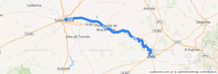 Mapa del recorrido Línea Ávila-Salamanca de la línea  en قشتالة وليون.