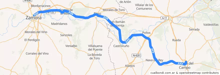 Mapa del recorrido Línea Medina del Campo-Zamora de la línea  en Castilla y León.