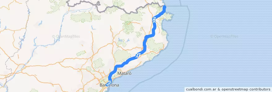 Mapa del recorrido R11: Barcelona - Sants Estació - Portbou de la línea  en Cataluña.