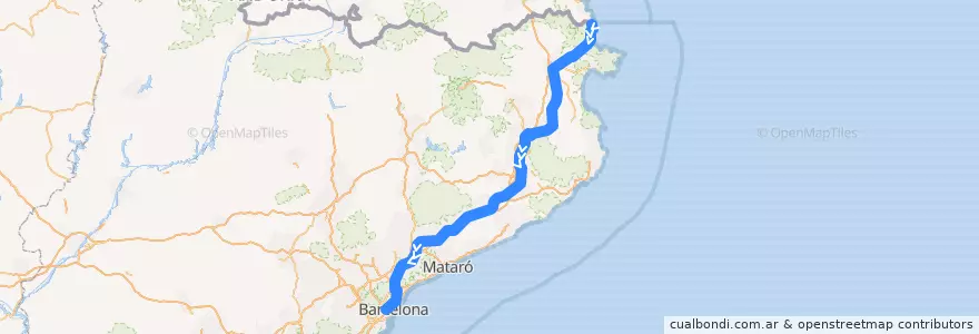 Mapa del recorrido R11: Portbou - Barcelona - Sants Estació de la línea  en Cataluña.