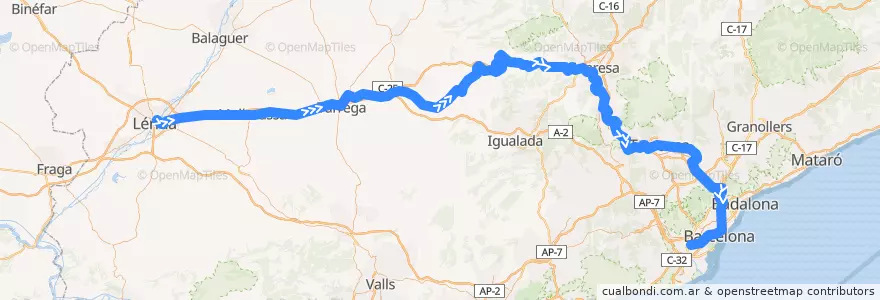 Mapa del recorrido R12: Lleida - L'Hospitalet de Llobregat (via Manresa) de la línea  en Catalunya.
