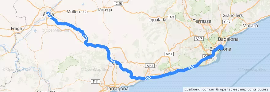 Mapa del recorrido R13: Lleida-Pirineus - Barcelona-Estació de França via Valls de la línea  en Catalonië.