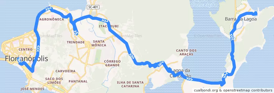 Mapa del recorrido Ônibus 300: Madrugadão Leste, TICEN => Barra da Lagoa de la línea  en Florianópolis.