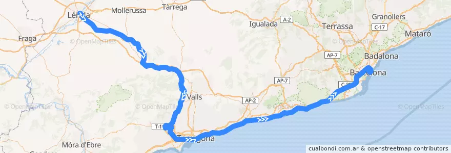 Mapa del recorrido R14: Lleida-Pirineus (via Reus) - Barcelona-Estació de França de la línea  en Каталония.