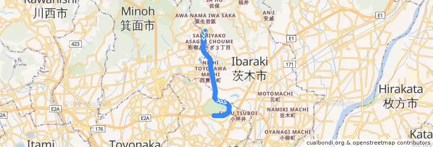 Mapa del recorrido 大阪モノレール彩都線 de la línea  en Préfecture d'Osaka.