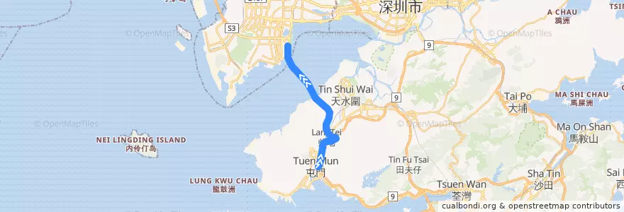 Mapa del recorrido 城巴B3X線 Citybus B3X (屯門市中心 Tuen Mun Town Centre → 深圳灣口岸 Shenzhen Bay Port) de la línea  en Novos Territórios.