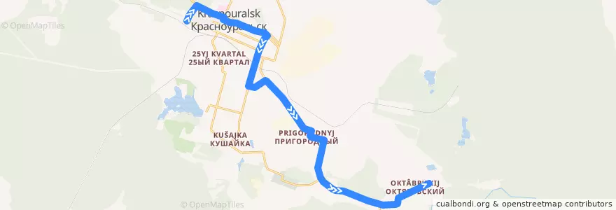 Mapa del recorrido 01-Устинова-Октябрьский de la línea  en クラスノウラリスク管区.
