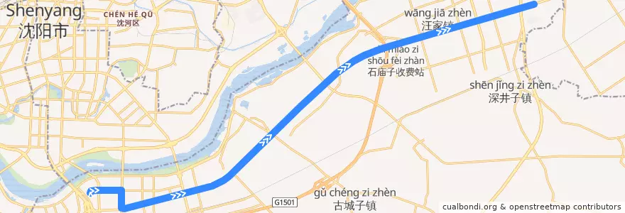 Mapa del recorrido 沈阳有轨电车5号线（奥体中心-沈抚新城） de la línea  en 浑南区.