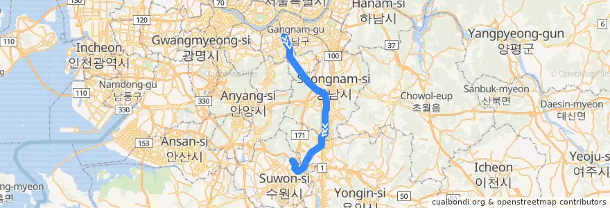 Mapa del recorrido 신분당선 광교 방면 de la línea  en Korea Selatan.