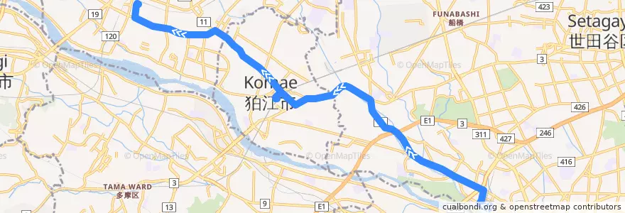 Mapa del recorrido 調布南口線 二子玉川駅⇒調布駅 de la línea  en 東京都.