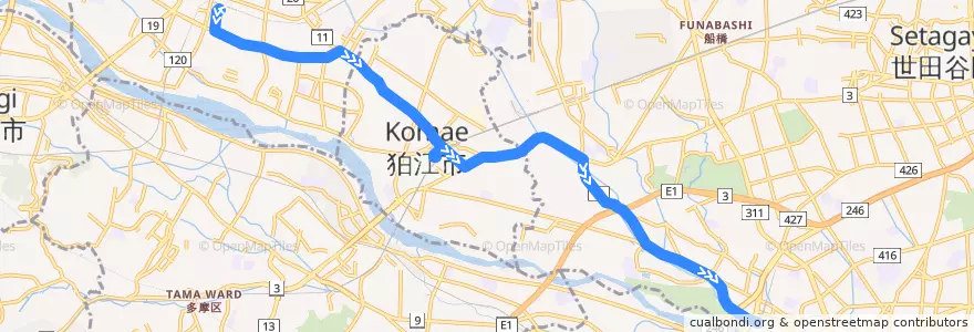 Mapa del recorrido 調布南口線 調布駅⇒二子玉川駅 de la línea  en 東京都.