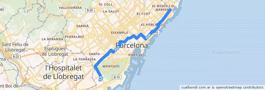 Mapa del recorrido H16: Pg. Zona Franca => Fórum de la línea  en Barcelona.
