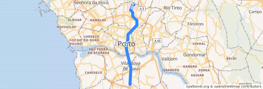 Mapa del recorrido Linha D: Hospital de São João => Santo Ovídio de la línea  en Área Metropolitana do Porto.