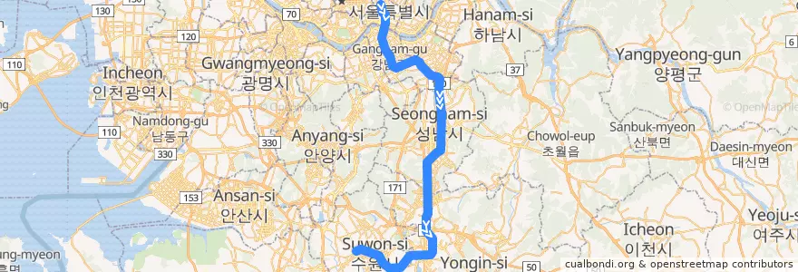 Mapa del recorrido 수도권 전철 분당선: 왕십리 → 수원 de la línea  en 대한민국.
