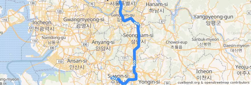 Mapa del recorrido 수도권 전철 분당선 급행: 수원 → 왕십리 de la línea  en 대한민국.