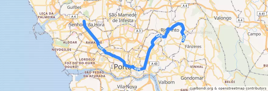 Mapa del recorrido Linha F: Fânzeres => Senhora da Hora de la línea  en Área Metropolitana do Porto.