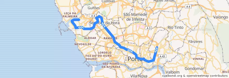 Mapa del recorrido Linha A: Estádio do Dragão => Senhor de Matosinhos de la línea  en Área Metropolitana do Porto.