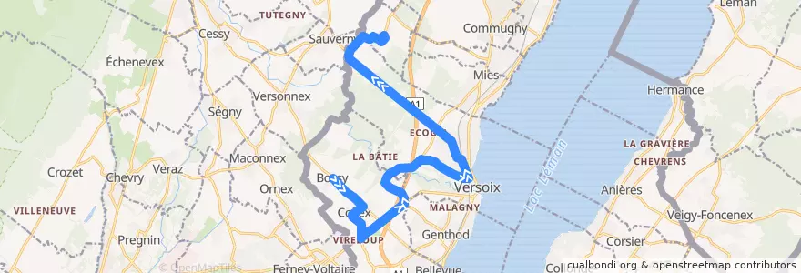 Mapa del recorrido Bus 55: Bossy → Vireloup → Chavannes-des-Bois de la línea  en 日內瓦.