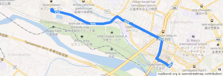 Mapa del recorrido 新道線　二子玉川駅⇒砧本村 de la línea  en 世田谷区.
