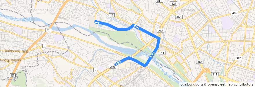 Mapa del recorrido 新道線　高津営業所⇒砧本村 de la línea  en 世田谷区.
