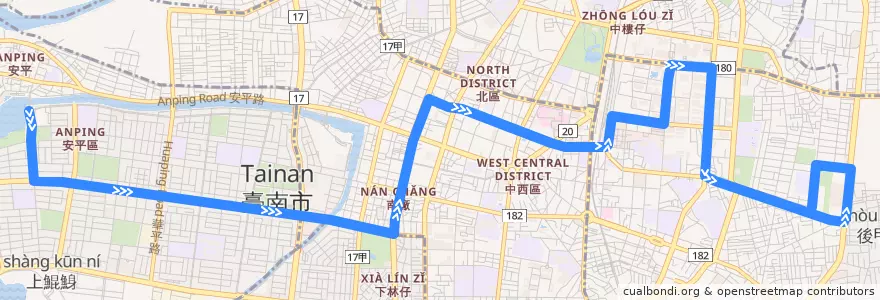 Mapa del recorrido 77路(往南紡購物中心_往程) de la línea  en Tainan.