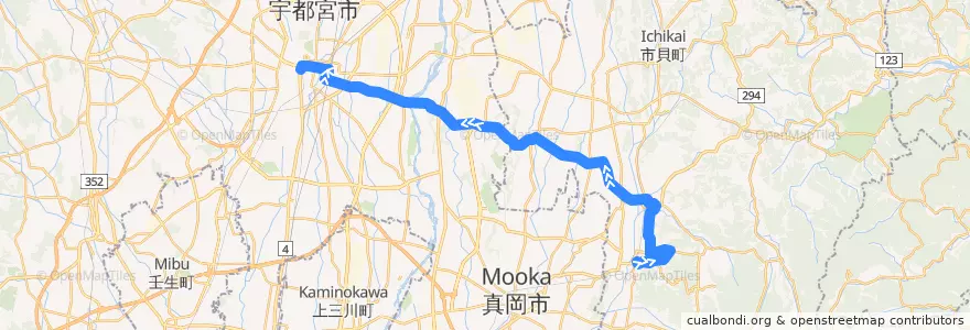 Mapa del recorrido 益子駅前⇒東高橋⇒宇都宮東武 de la línea  en Tochigi Prefecture.